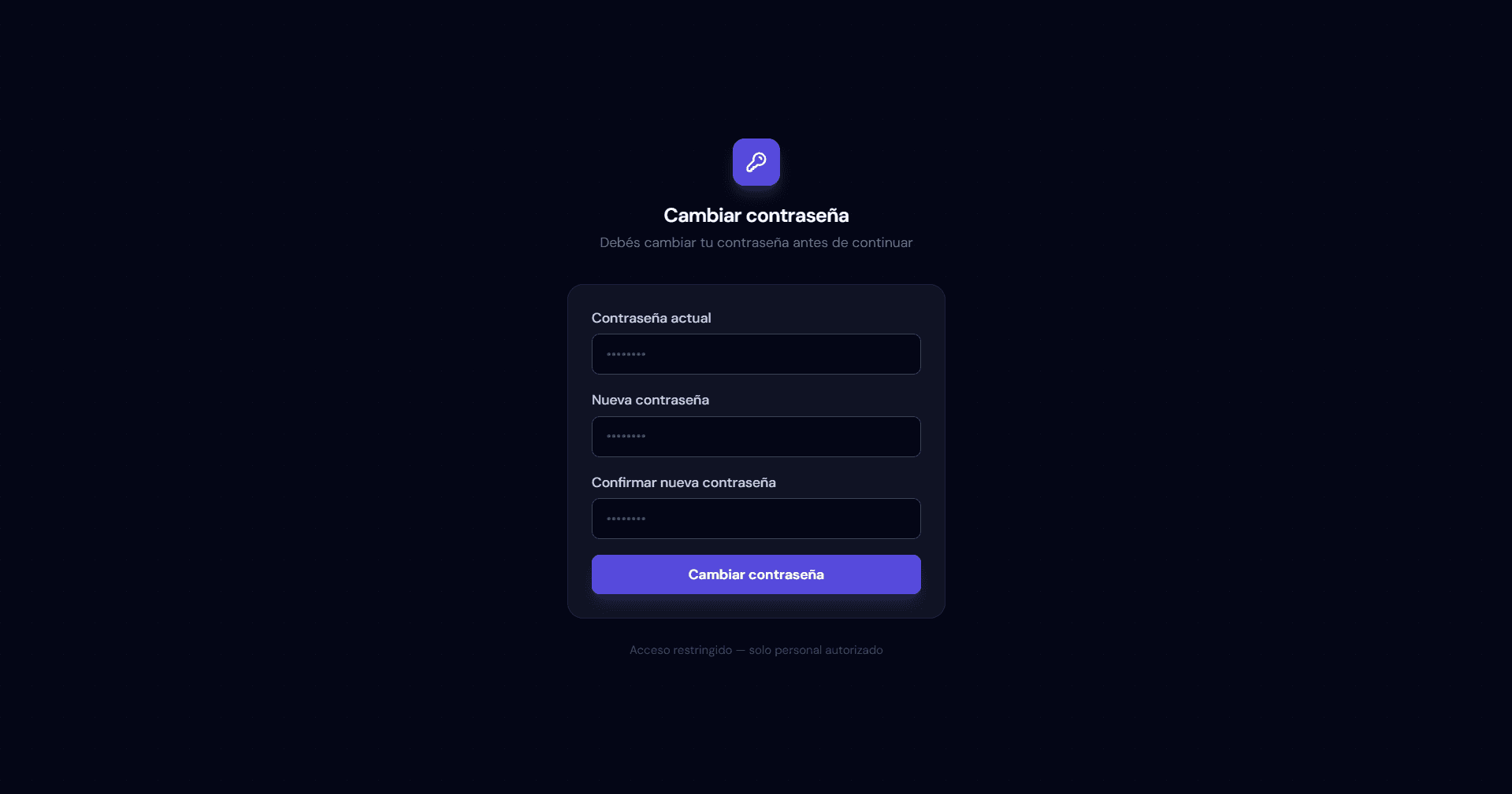 Pantalla de cambio de contraseña obligatorio